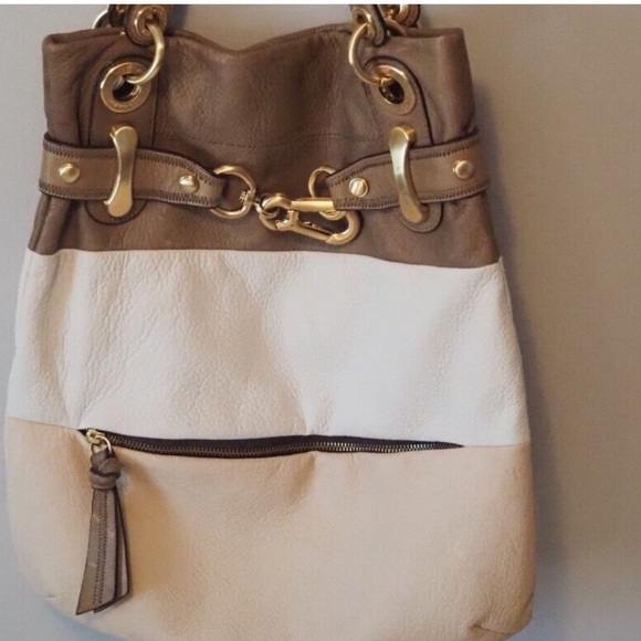 B. MAKOWSKY LEATHER STRIPE HOBO SATCHEL SHOULDER BAG BUCKET BEIGE NEUTRAL - Picture 2 of 3